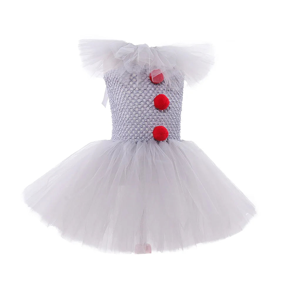Halloween Pennywise Costume Creepy Clown Gray Tutu Dress Outfit Girls Fancy Carnival Party Tulle Dresses Joker Clothes