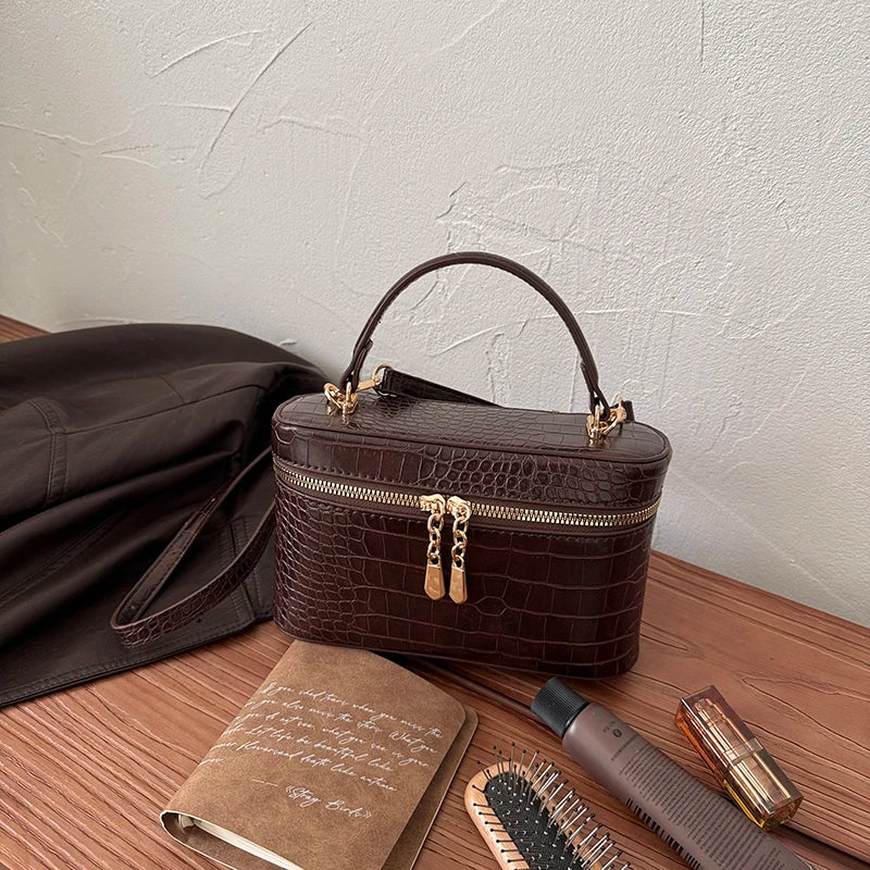 Luxury Crocodile Pattern Box Handbag for Women Elegant Faux Leather Mini Crossbody Bag Portable Top Handle Shoulder Purse