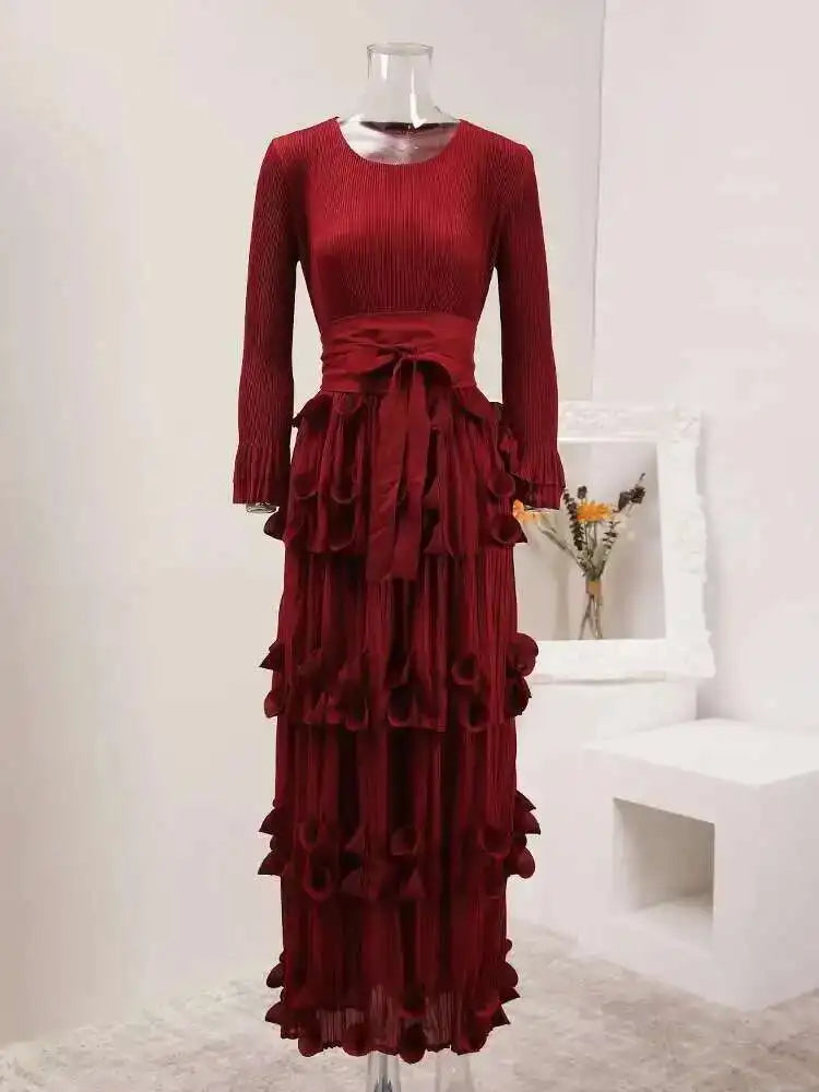 LANMREM Pleated Appliques Long Dresses For Women Round Collar Lace-up Full Sleeve Evening Party New 2025 Lady Dress 32S1173