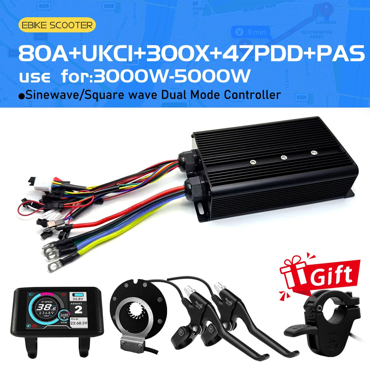 Electric Bicycle 80A BLDC Sine Wave/Square Wave 3 Mode Controller 48V72V3000W5000W Throttle PAS E-Brake Display for Ebike Scoote