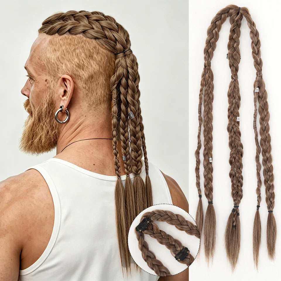 Long Braided Ponytail Extension Synthetic Twist Box Braids Pony Tail Hairpieces with Hair Ring Elastic Tie for Men Daily Party