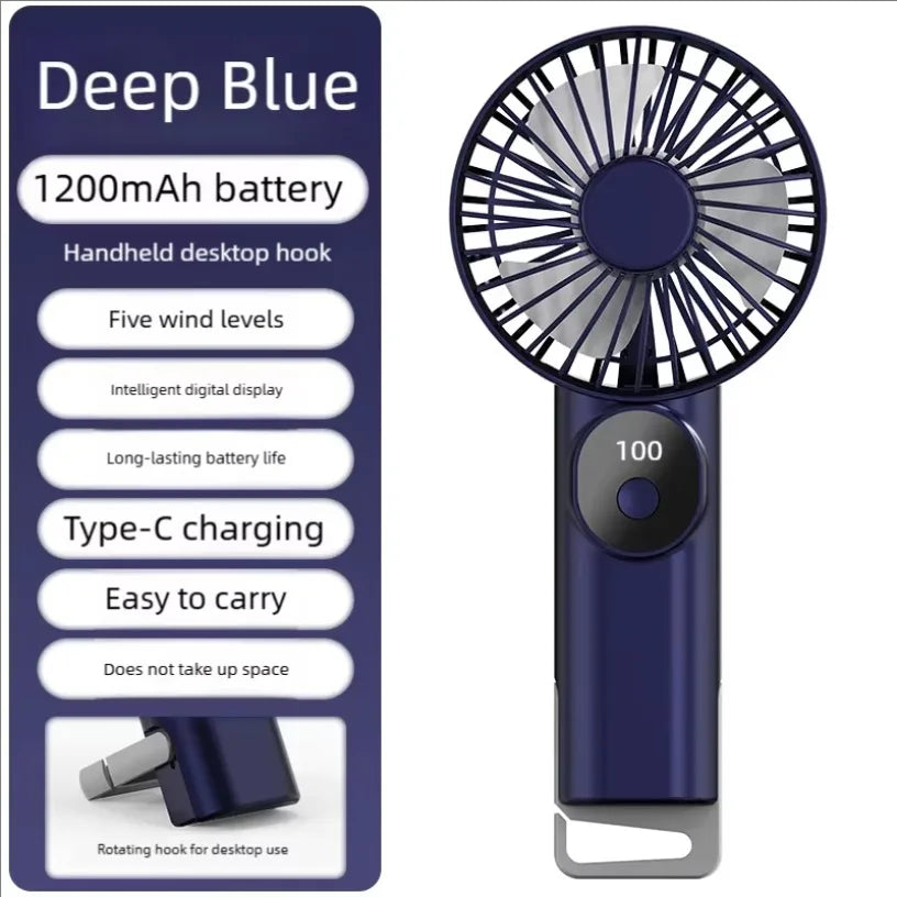 5 Levels Air Cooling Fan with Buckle Portable Handheld Fan LED Screen Outdoor for Home Office Outdoor USB-C Rechargeable Fans