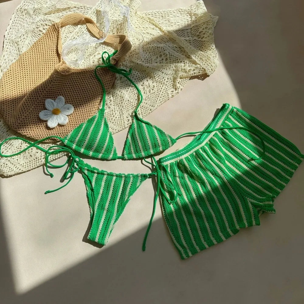 Fashion Stripes 3 in 1 Swimwear Set Lace Up Slim Fit Bikini Bathing Suit Deep-V Sleeveless Knitting Swimsuit Vacation