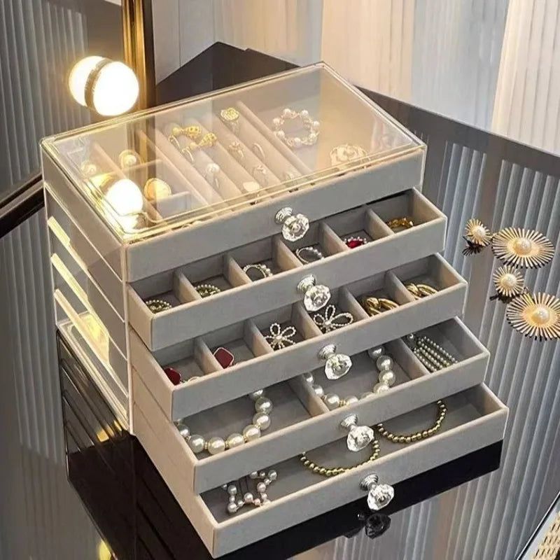 New 5 Layers Gray Jewelry Storage Box Drawer Design Large Capacity Anti-oxidation Organizer for Women Accessories