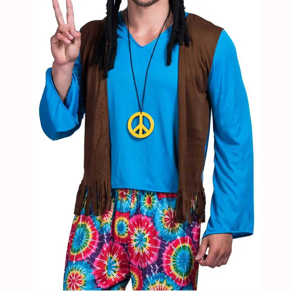 Halloween Hippie Costume Men 60s 70s Hippie Set Pants Shirt Fringe Vest Glass Frame Necklace Rasta Hat Dreadlocks