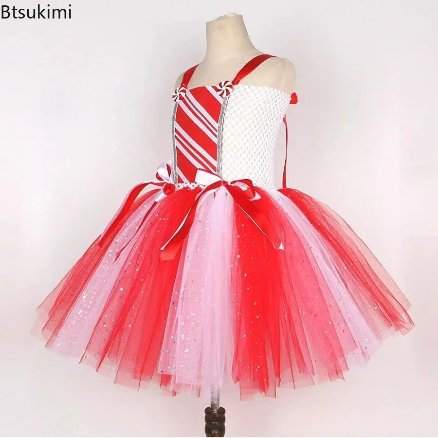 Sparkly Christmas Candy Costumes for Girls White Red Xmas Party Dresses with Bow Socks Kids New Year Tutu Outfit Holiday Clothes