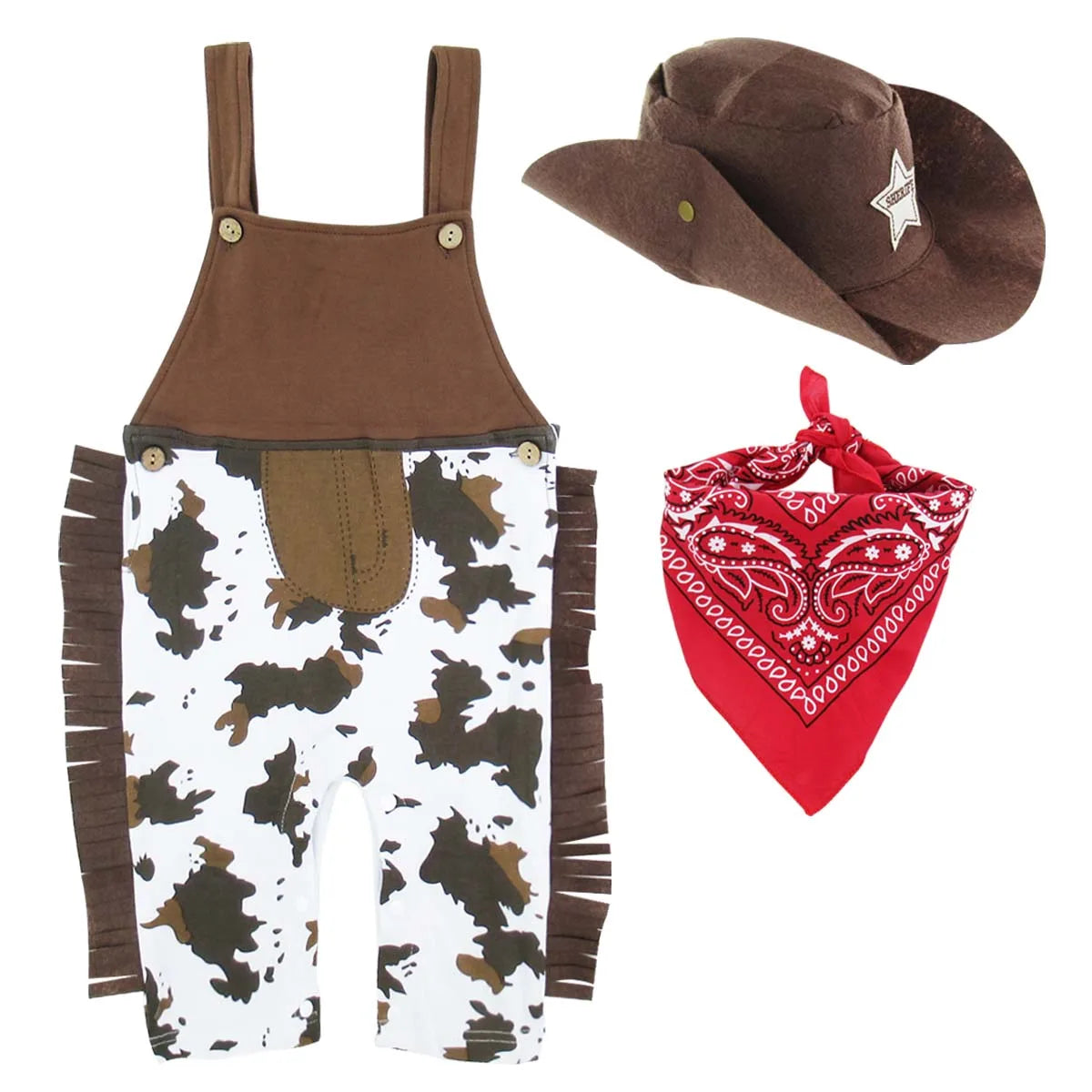 Cowboy Rompers for Baby Boys Toddler Infant Halloween Birthday Party Cosplay Fancy Dress Carnival Outfit +Hat+Scarf 3PCS