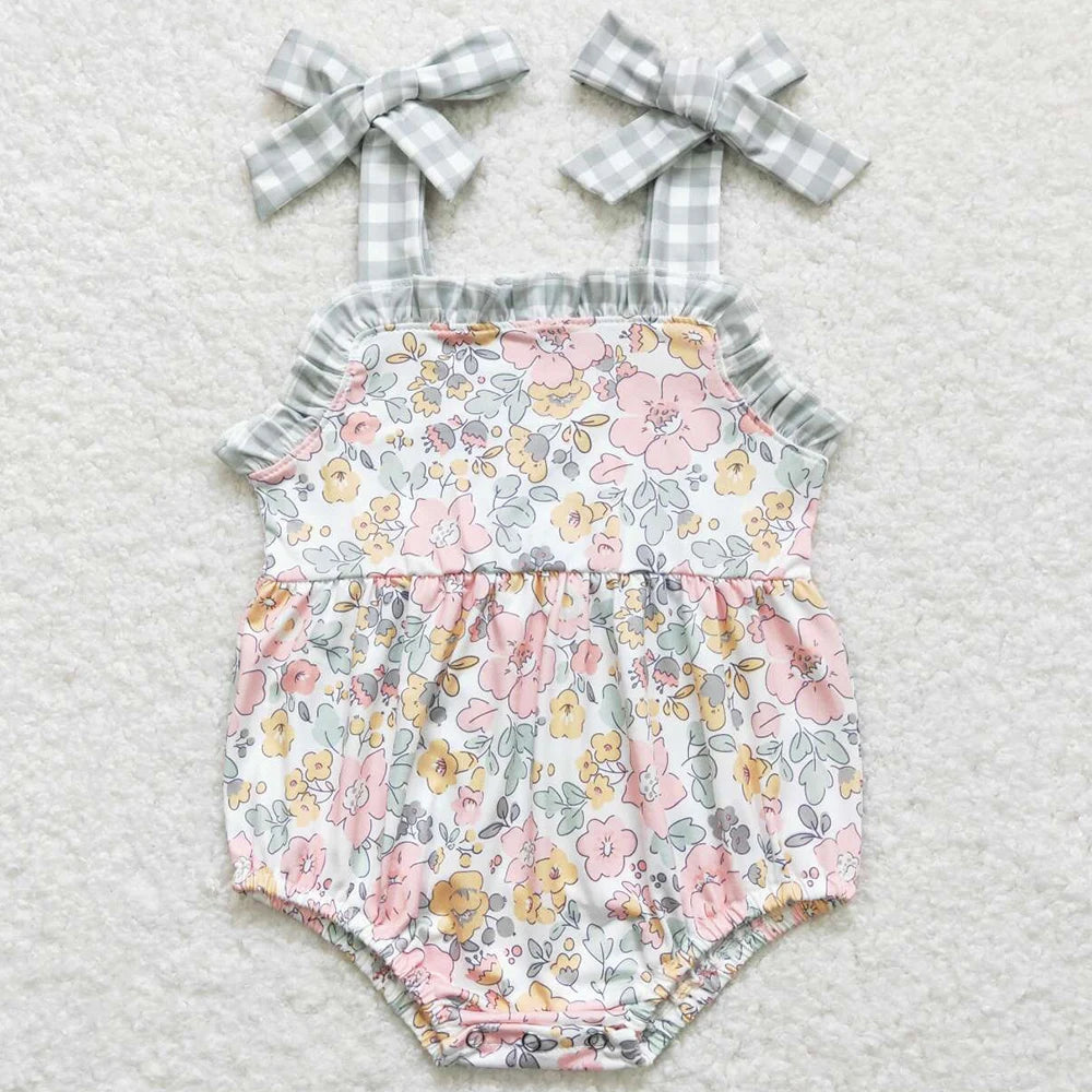 New Fashion Baby Girls Rompers Pink Checkered Flowers Short Sleeve Rompers Boutique Toddler Girls Bubbles Summer Baby Onesie Hot