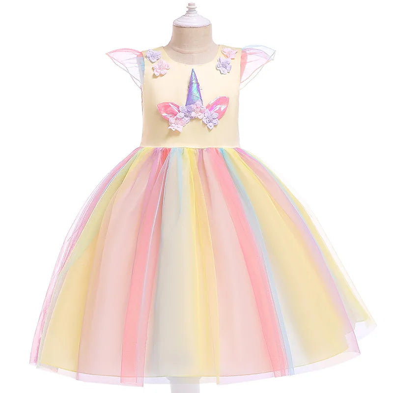 Girl Unicorn Halloween Fancy Princess Dress Teen Girls Rainbow Colorful Cosplay Costume Kids Birthday Party Dresses Tulle Wear