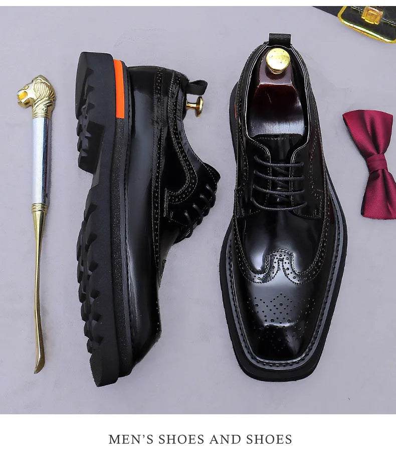 Men's Brogue Platform Oxford Shoes Genuine Leather Thick Sole Formal Dress Shoes for Men Business Casual Lace Up Luxury Oxfords