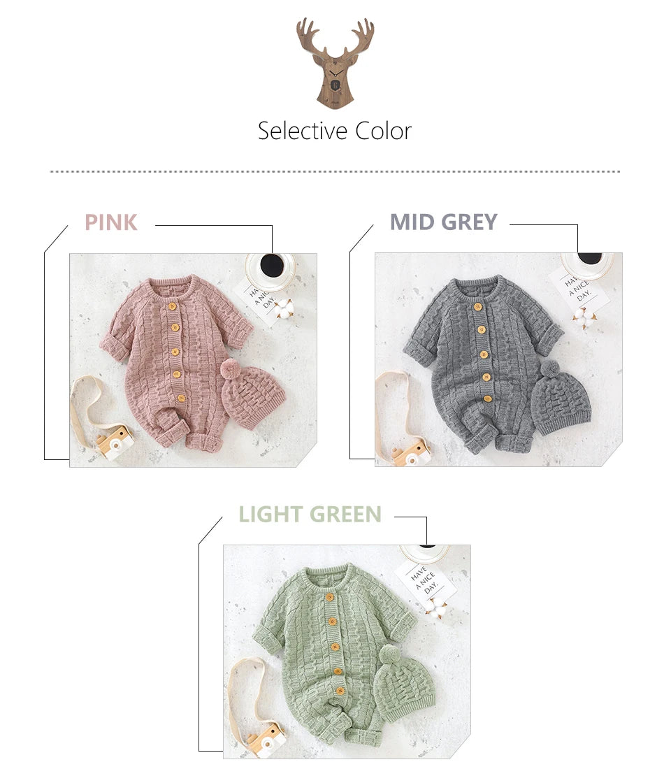 Winter Baby Rompers Clothes Solid Long Sleeve Knitted Newborn Boys Girls Jumpsuits Hats Outfits Sets 0-18m Autumn Infant Costume