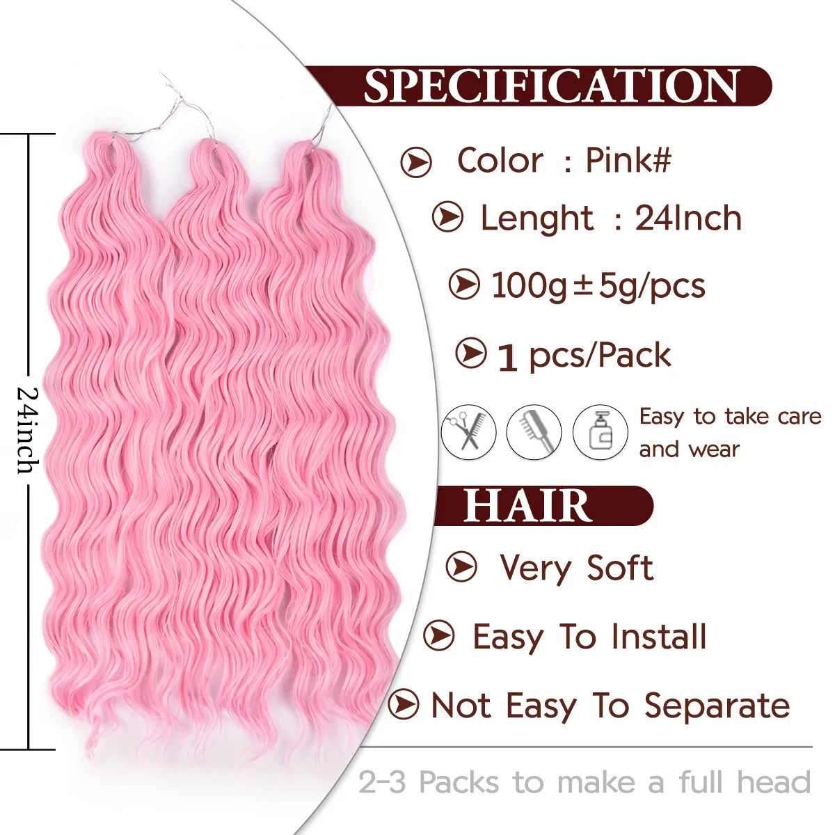 Anna Curl Synthetic Braiding Hair Loose Deep Wave 24 Inch Crochet Hair Extensions Water Wave Twist Pink Color Hair for Women