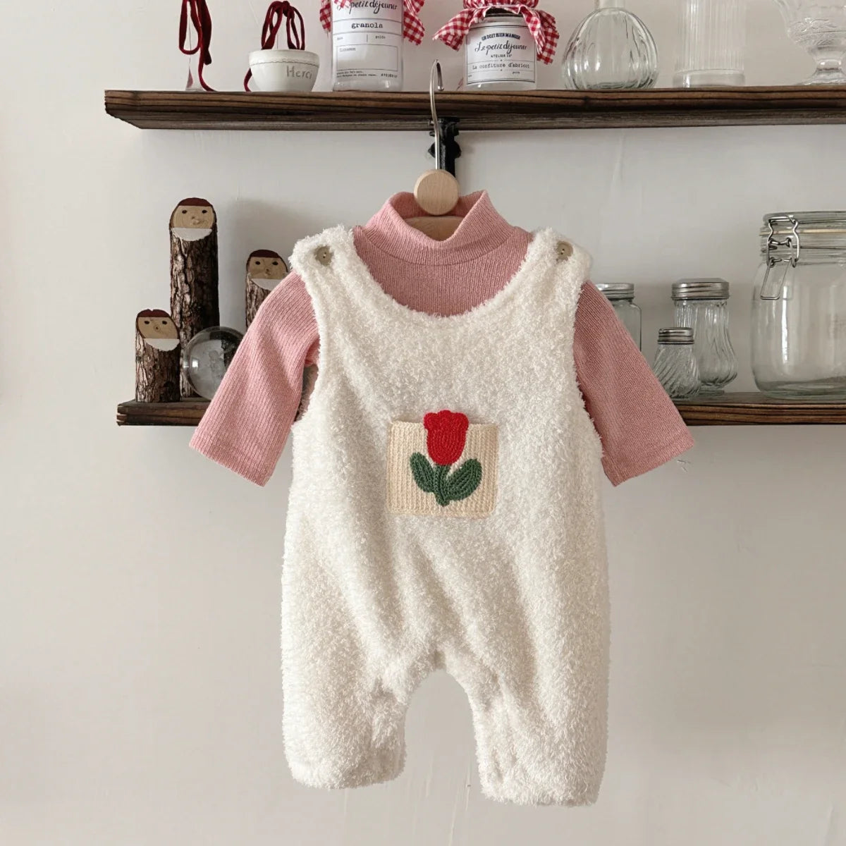 2Pcs Winter Autumn Toddler Baby Girls Clothes Flower Embroidered Plush Rompers+Pink Bottom Shirt Set Infant Warm Clothing Suits