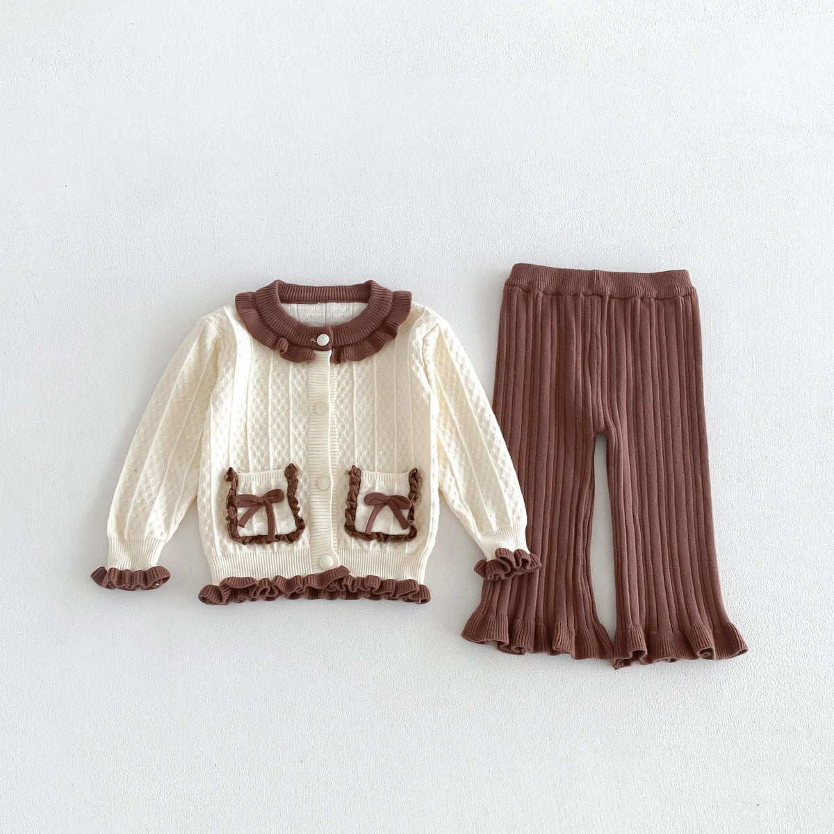 2026 Fall/Winter New Collection Girls' Set, Infant Bow Ruffled Trim Solid Color Knit Top and Pants