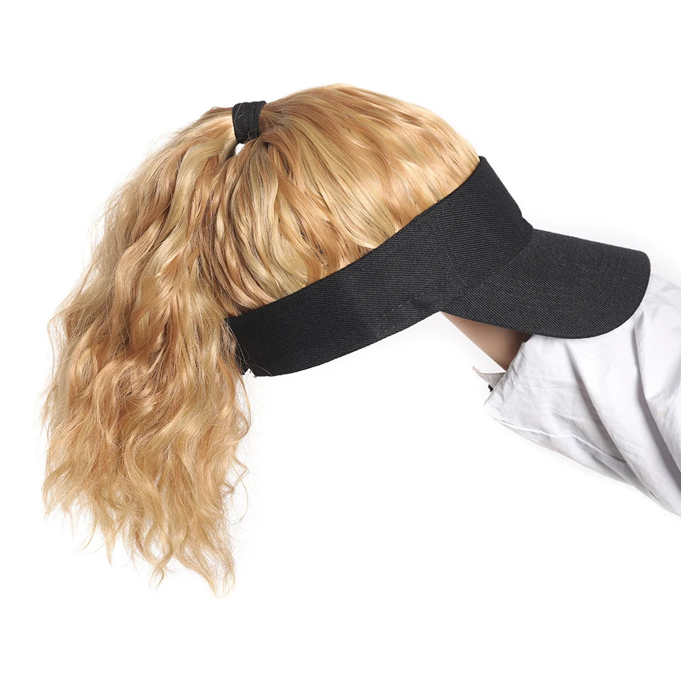 LUPU Synthetic Hair Curly Wave Ponytail Black Brown Baseball Cap Wig Adjustable Sun-Protective Sporty Style for Women Girls