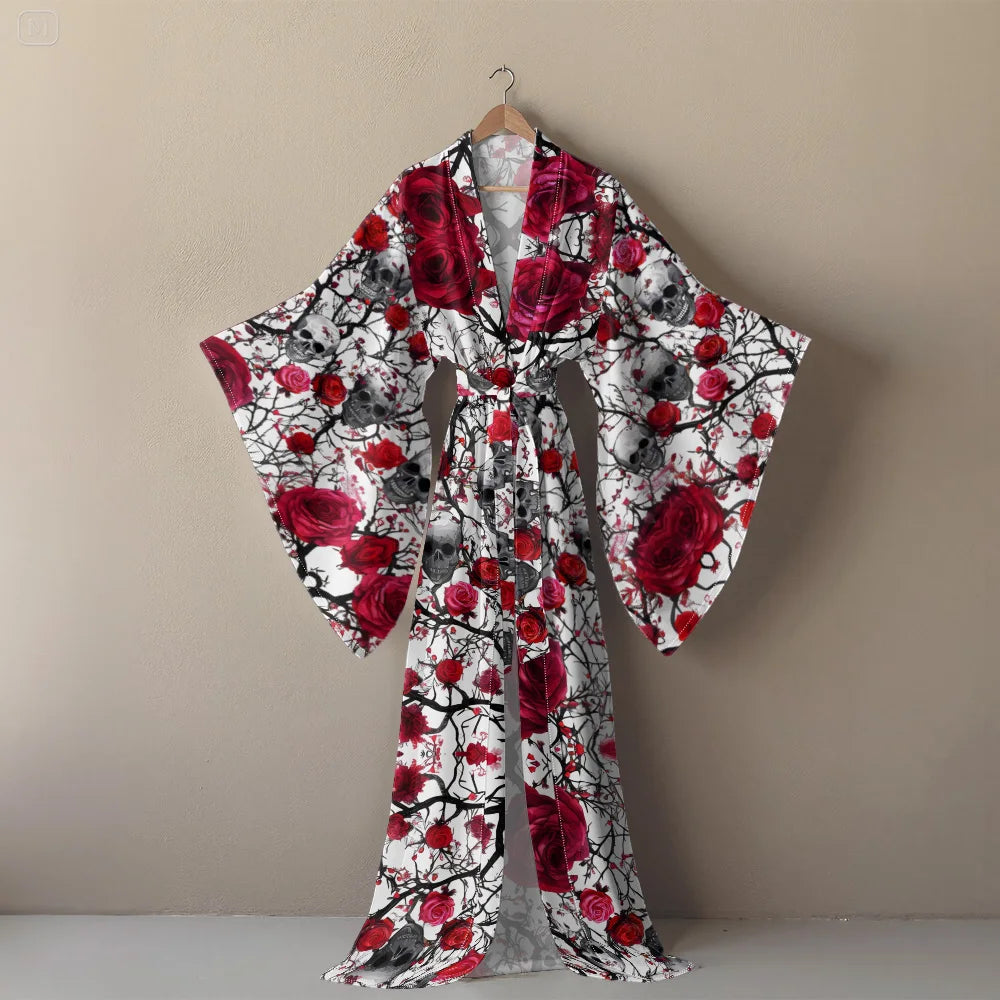 Halloween Cosplay Women's Sexy V-Neck Robe with Abstract Ghost Print - Long Sleeve Party Costume Unique Vampire Witch Long Robe