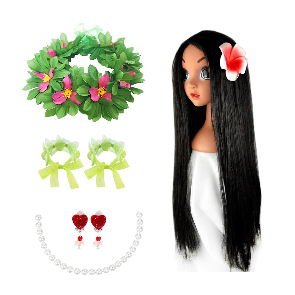 Halloween Costume for Girls Chirdren Summer Red and Green Floral Hawaiian Party Dress with Wreath Outfit for Halloween