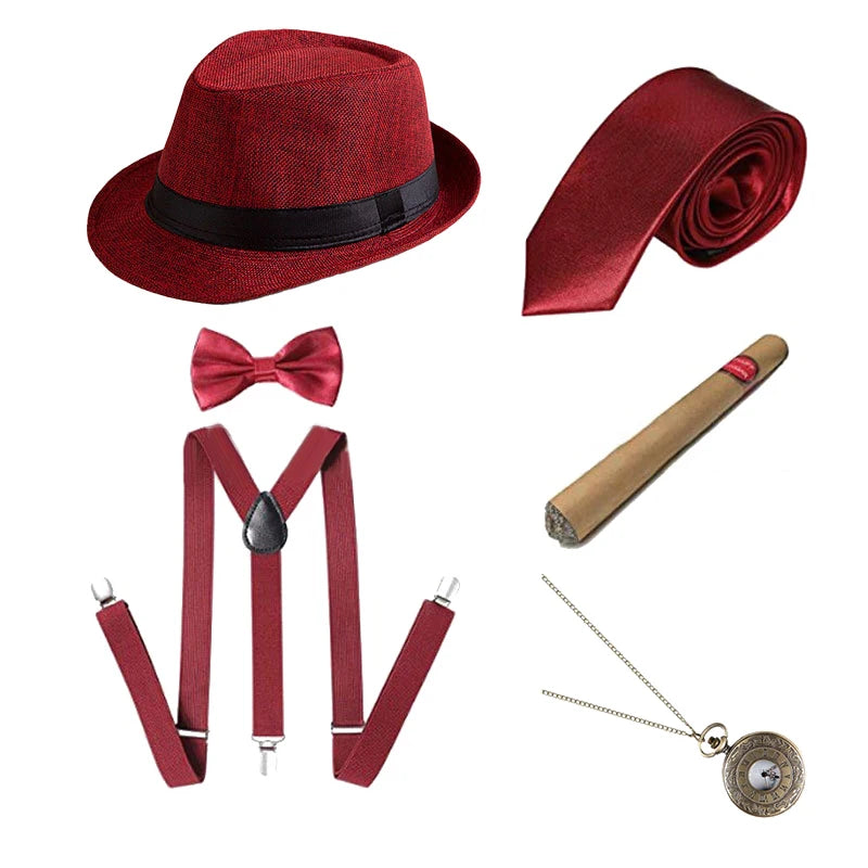 Halloween 1Set 1920's Cosplay Costume Hat Pocket Watch Neck Tie Moustache Bowtie Gatsby Masquerade Accessories