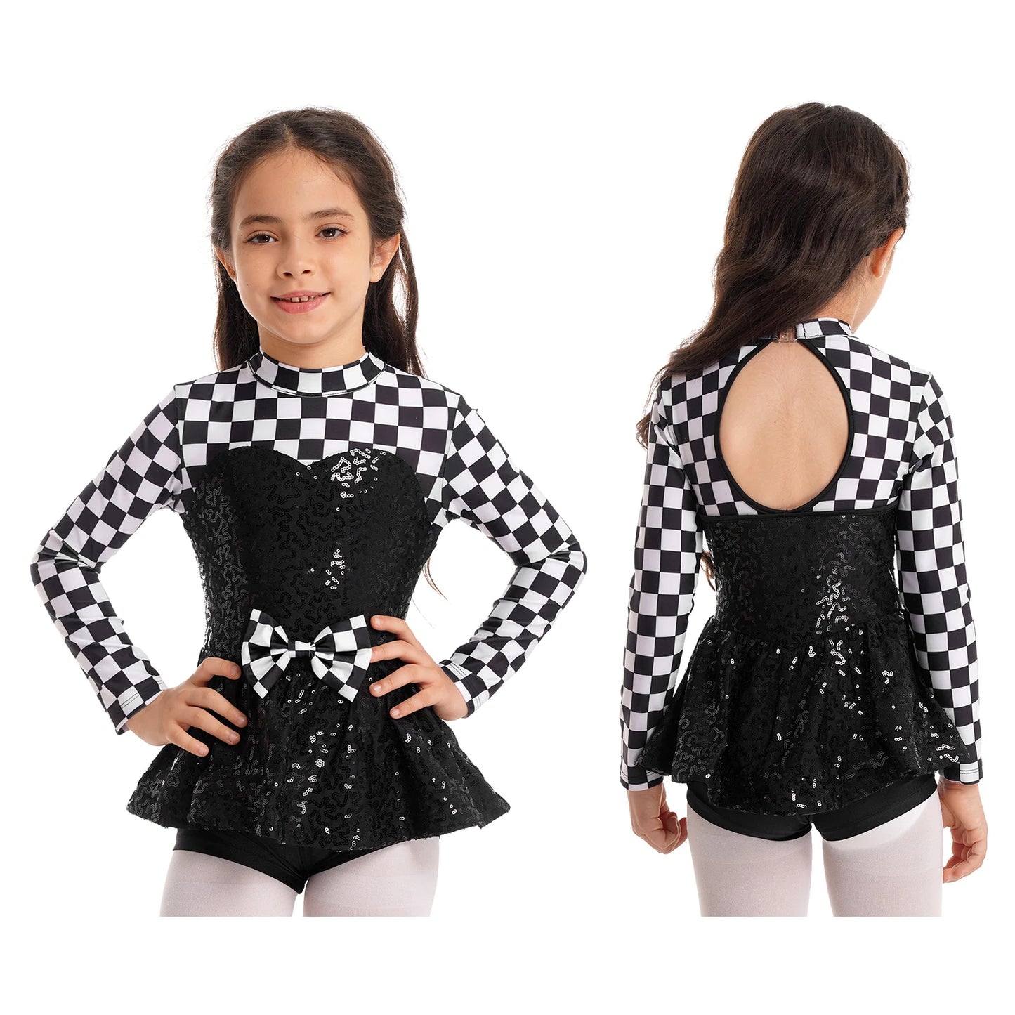 Kids Girls Checkerboard Racer Costume Halloween Car Driver Cosplay Leotard Dress with Tulle Skirt Themed Party Driving Roleplay