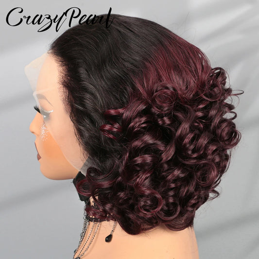 200% Density 13X4 Lace Frontal Loose Bouncy Human Hair Wigs Curly Frontal Human Hair Colored T1B/99J Short Wig for Black Woman