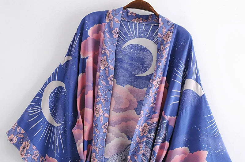 Happie Queens Vintage Star and Moon Floral Print Sashes Women Bohemian V Neck Batwing Sleeves Happie Short Robe Kimono