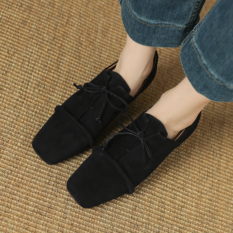 2025 New Women Pumps Sheep Suede Leather Shoes for Square Toe Low Heel Shoes Casual Lace-up Handmade Shoes 34-42 Women Heels