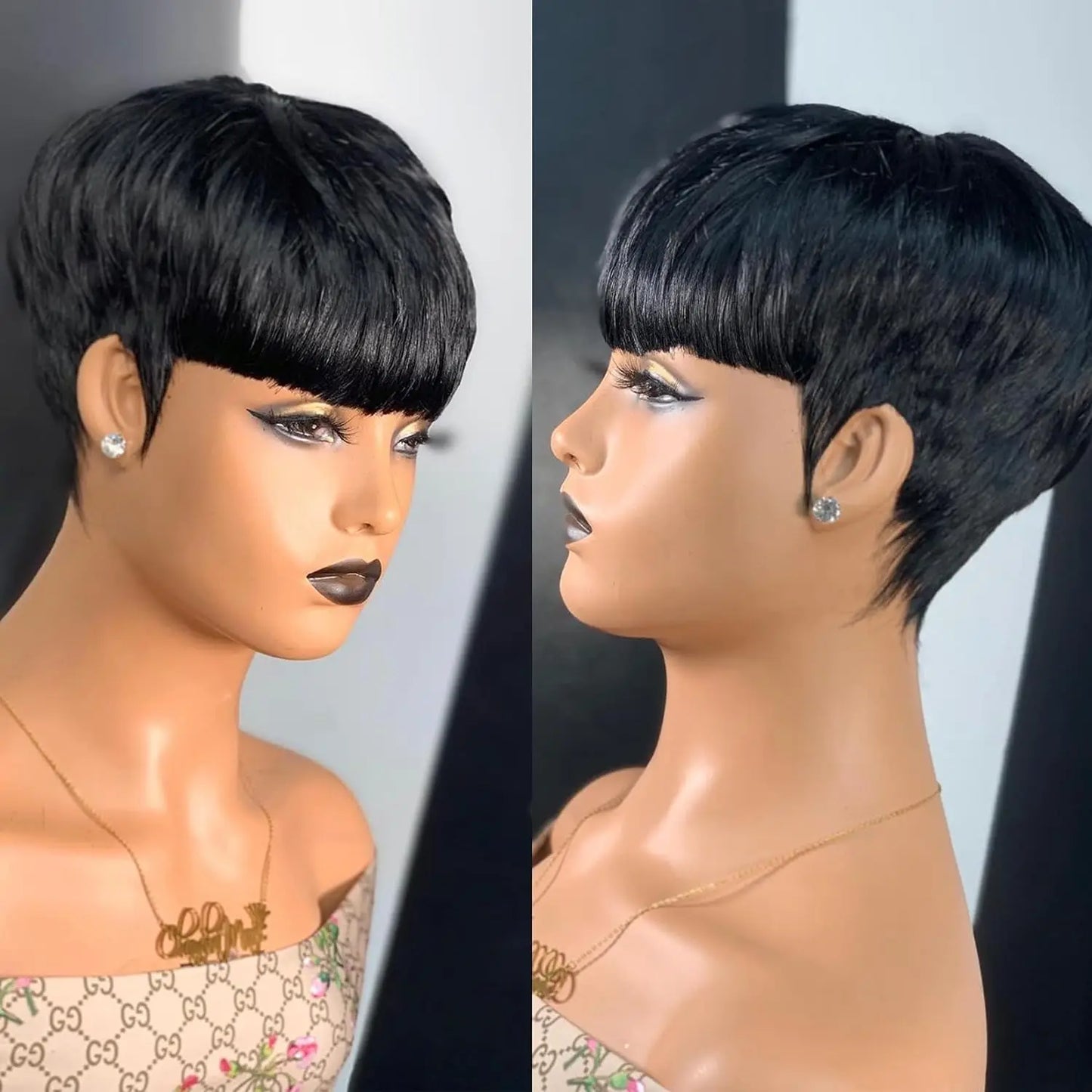 Pixie Cut wigs for Black Women Straight Human Hair Wigs with Bangs Natural 1B Color Wig Short Layered Full Machine Made Wig