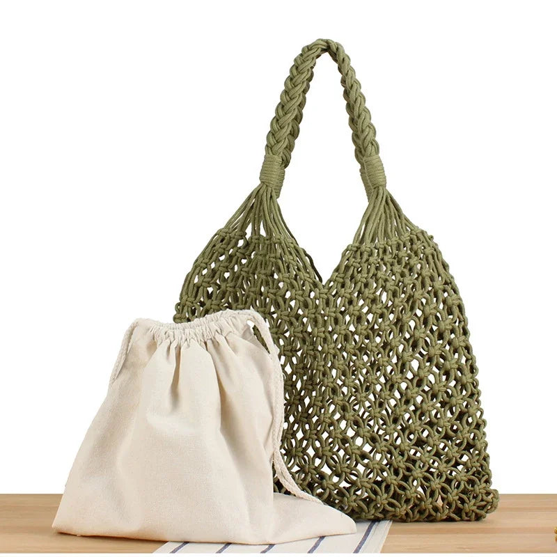 Fashion Crochet Bags for Women Summer Beach Tote Bag Raffia Aesthetic Totes Straw Handbag Bohemian Boho Woven Knit Shoulder Bag