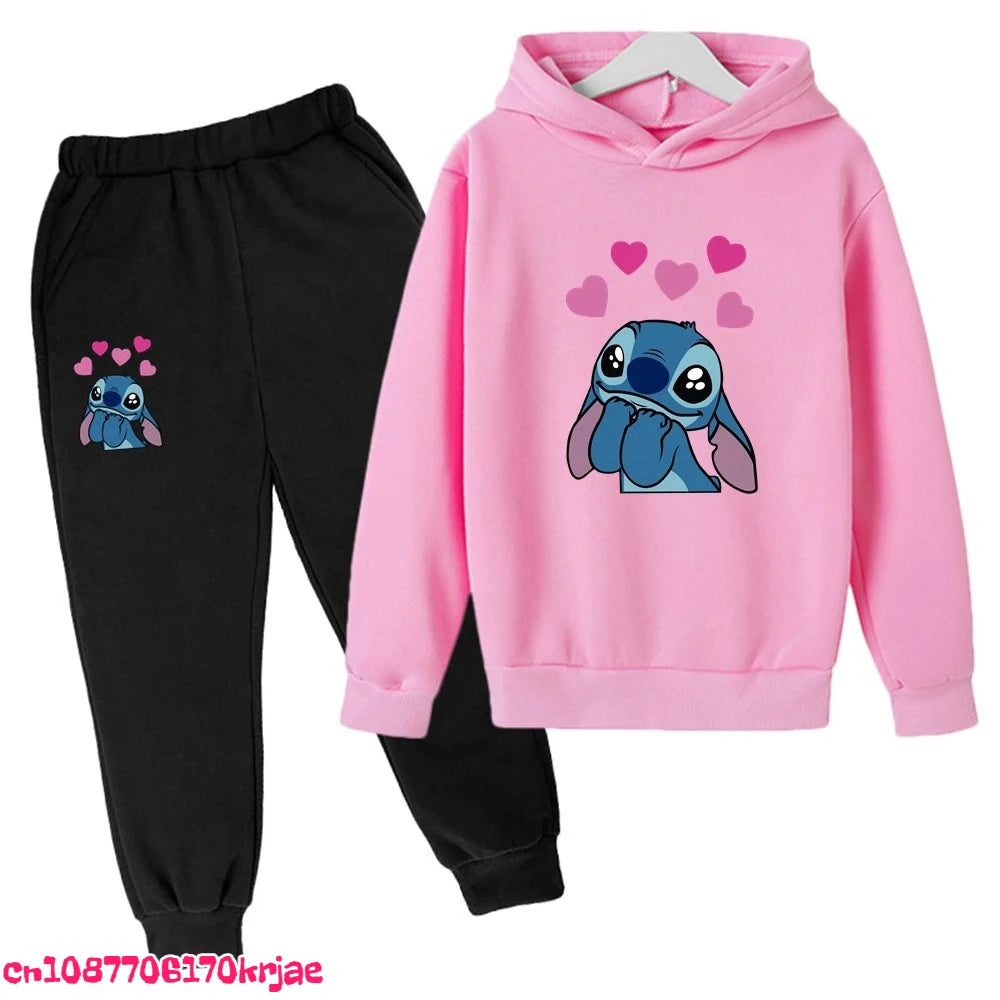 2025 Stitch Children's Hoodie Clothing Leisure Outerwear Black Sweatshirt +pants Set Suitable 3-12 Years Boys Girls Gift Spring