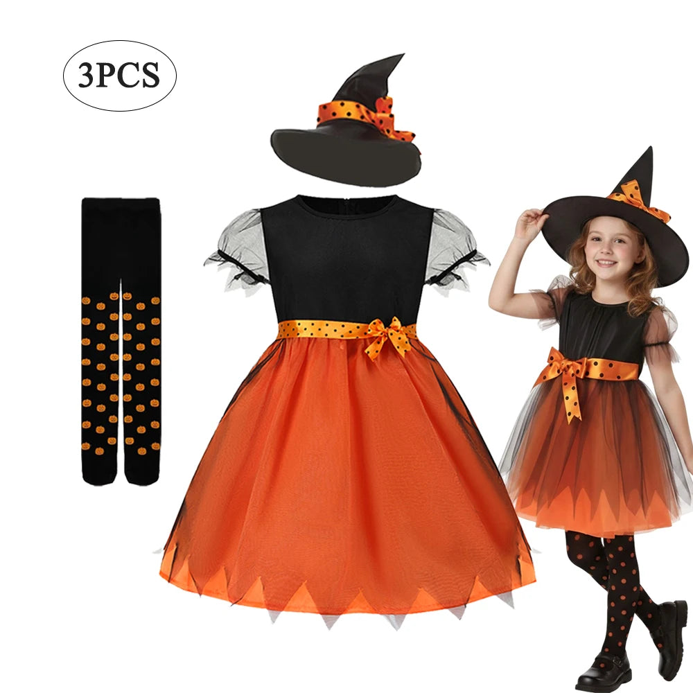 Halloween Cosplay Party Girls Pumpkin Costumes Witch Dress Kids Carnival Costume Vestidos Party Cosplay Dress