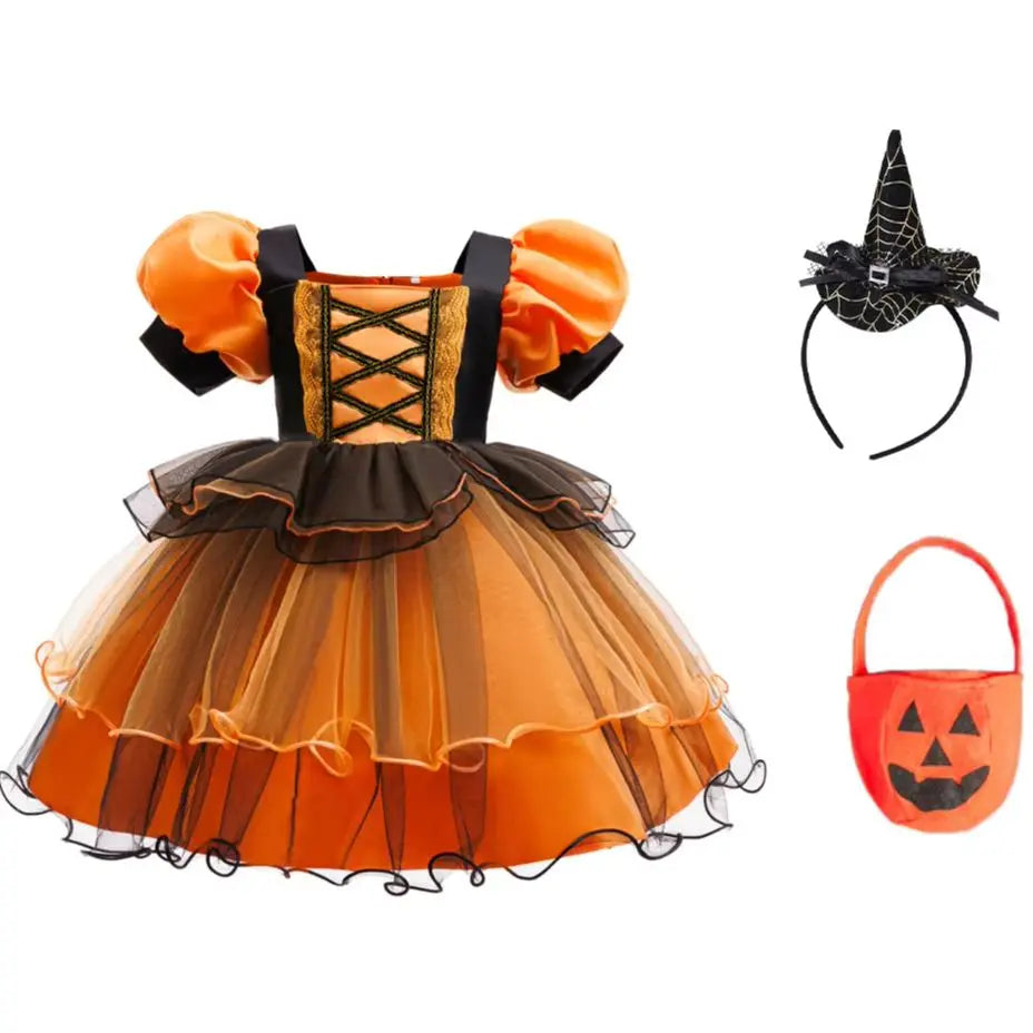 Girls Halloween Witch Costume Puff Sleeve Orange Black Layer Tulle Tutu Dress Kids Pumpkin Cosplay Outfit With Witch Headband Pu