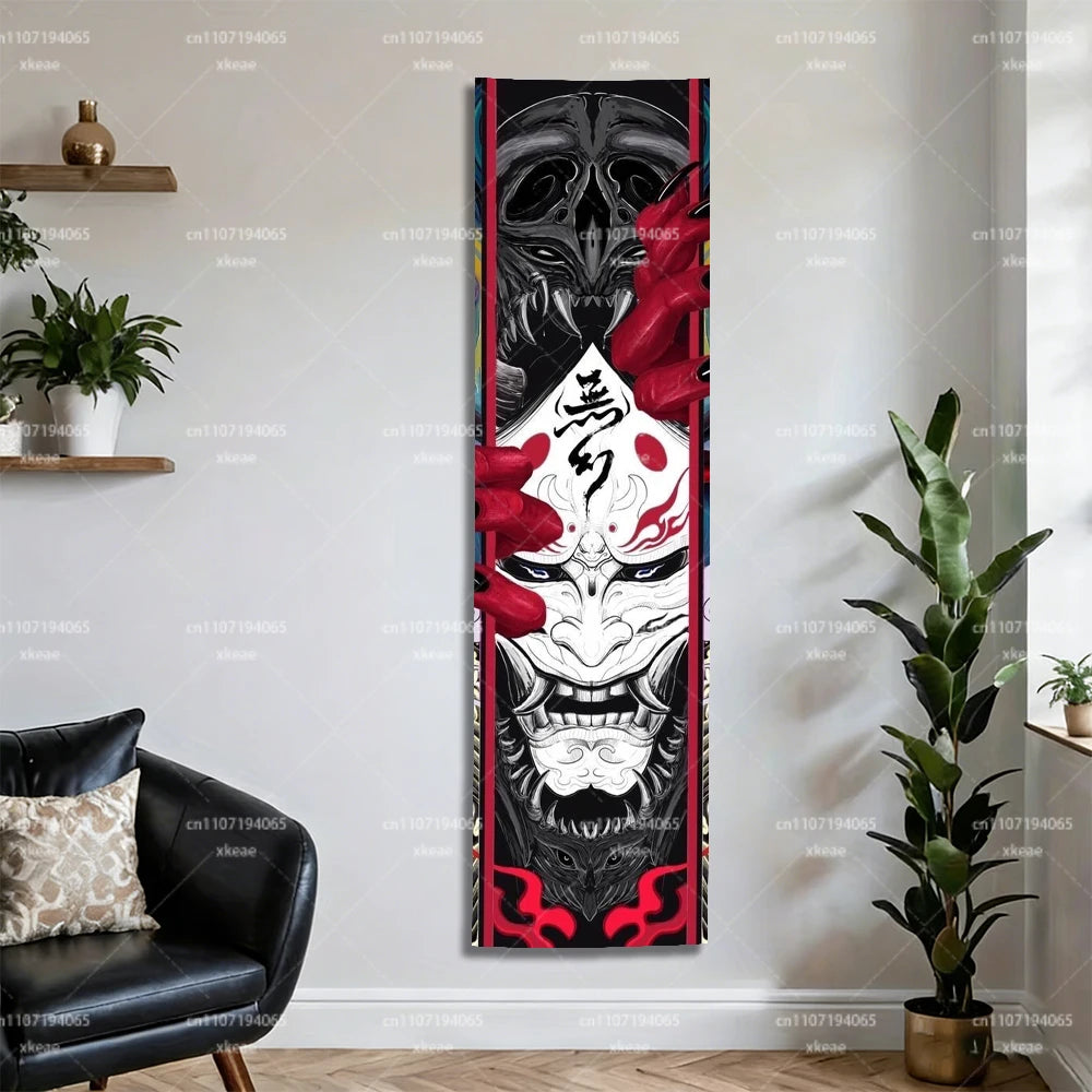 Japanese Oni Hannya Mask Tapestry, Samurai Demon Vertical Wall Hanging, Anime Aesthetic Room Decor