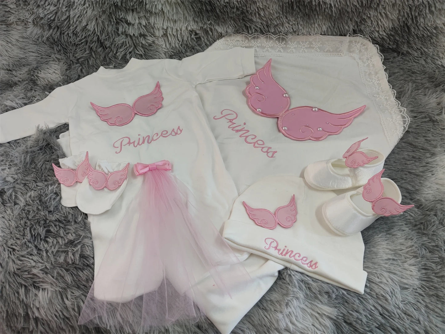 Customized Name Newborn Baby Boss Embroidery Lace Romper Outfit Infant Wrapped Baby Products Pants Mittens Receiving Blanket