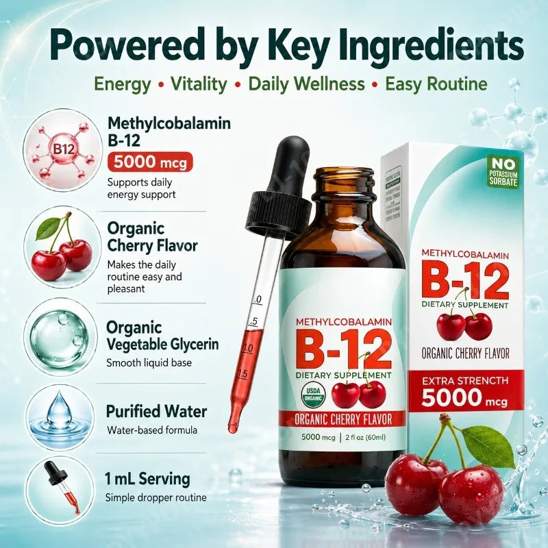 Methylcobalamin B12 5000mcg Daily Energy Vitality Support Organic Cherry Flavor Liquid Drops 60ml
