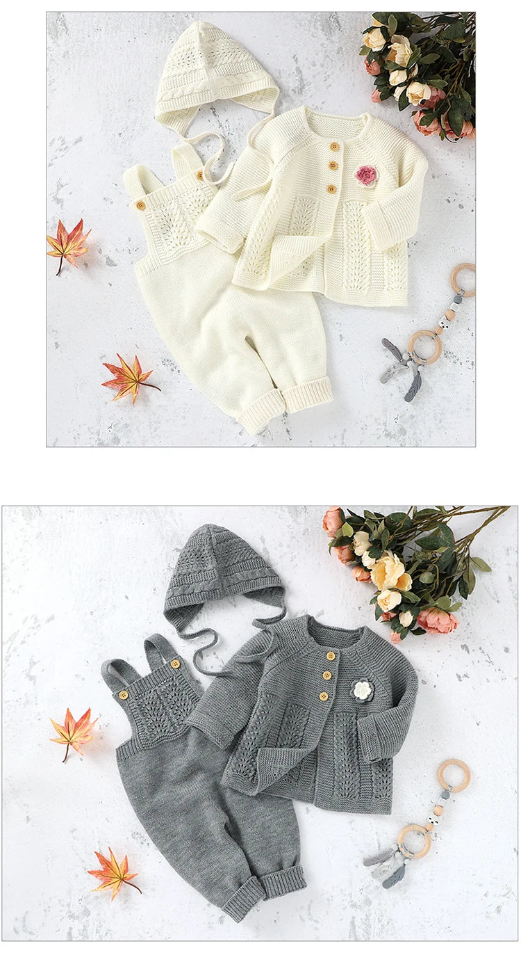 Baby Romper Set Knit Autumn Newborn Girl Boy Long Sleeve Coat Jumpsuit Outfit Hat 3PC Fashion Solid Infant Clothing Suit Sweater