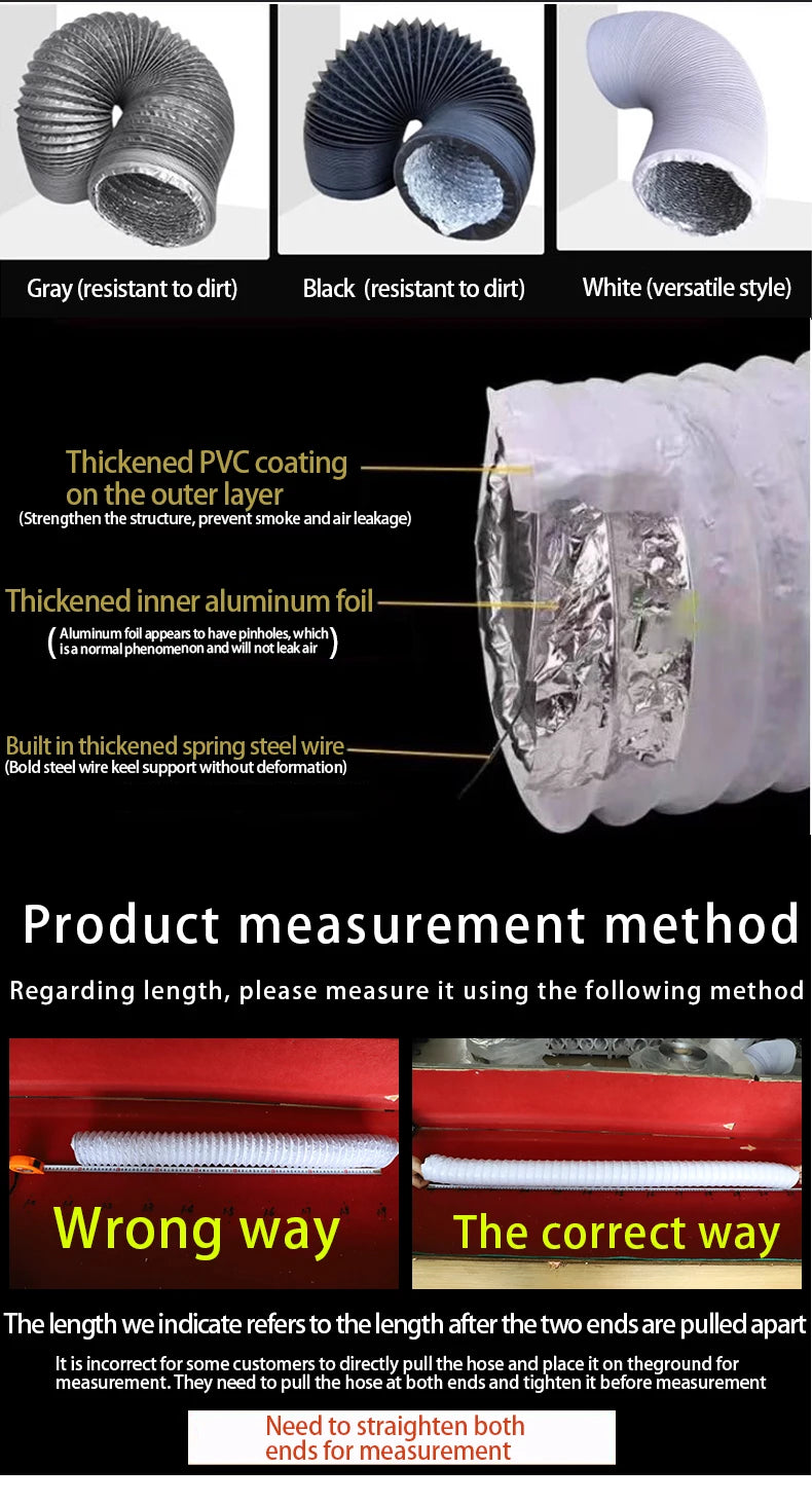 Black Exhaust Flexible Duct with Venting Aluminum Hose, Range Hood Ventilation Fan Hose, Ventilation Pipe, Flexible Aluminum Duct, Four-Layer Protection for Heating, Cooling, Ventilation, and Exhaust Pipes, Hvac Ducting, Fres