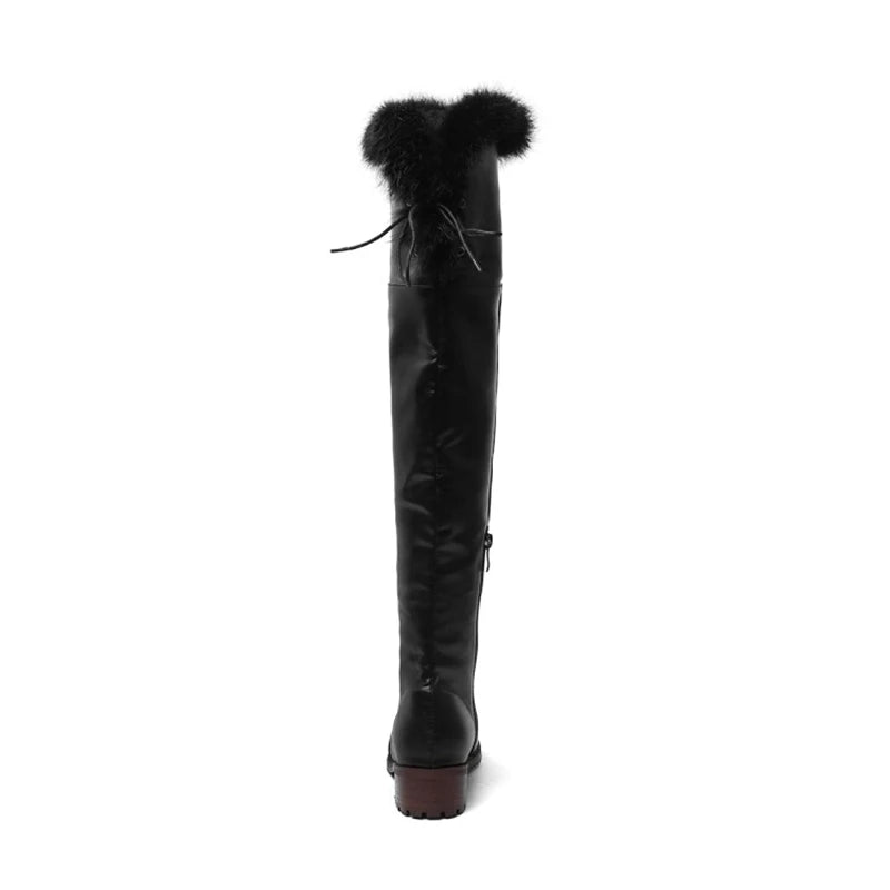 SIMLOVEYO Snow Boots fur Women Leather Boots Med Block Heels Over The Knee Boots Lady Shoes Bota Feminina Size 44 46