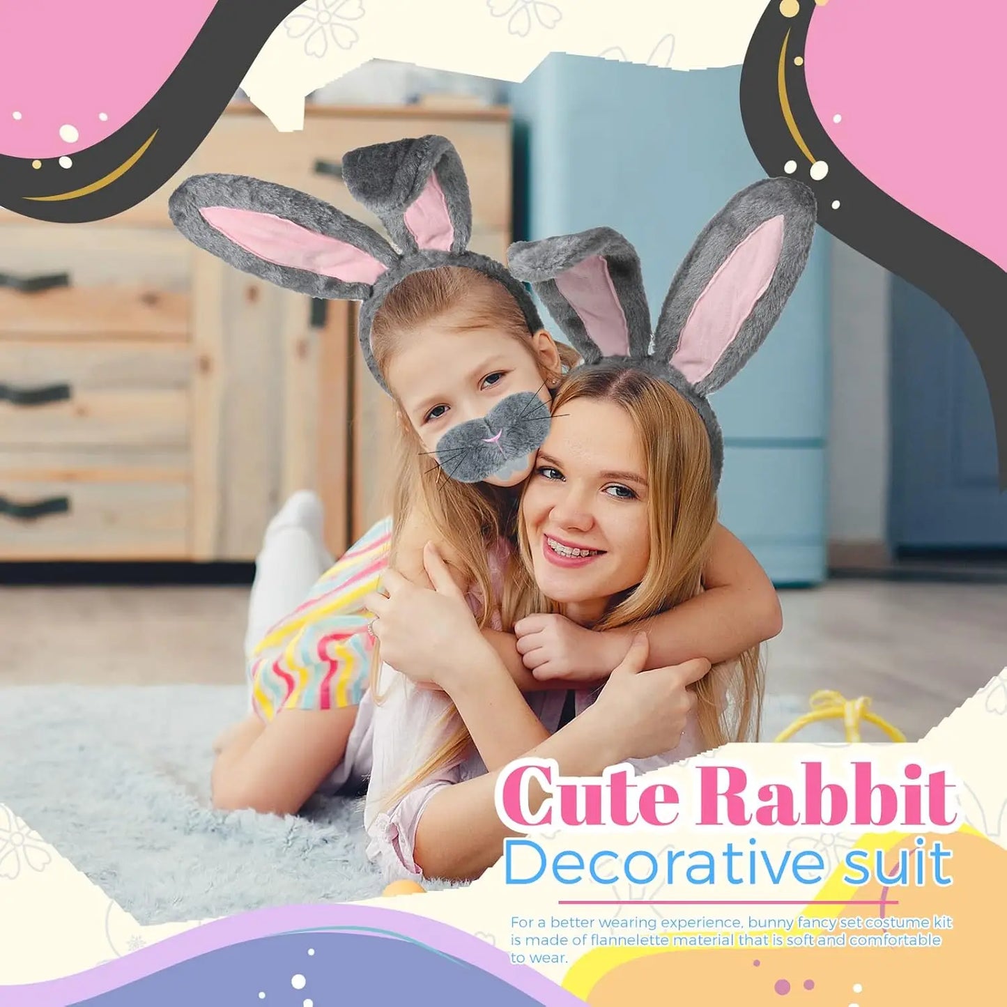Halloween Bunny Costume Accessories Set Bunny Nose Tail Tie and Ears for Boys Girls Halloween Party Cosplay