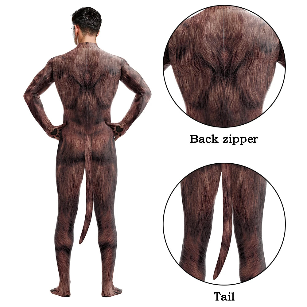 Halloween Cosplay Costume Male Adult Full Cover Elastic Zentai Pet Suit Jumpsuit Print Catsuit Bodysuits with Tail Purim Clothes