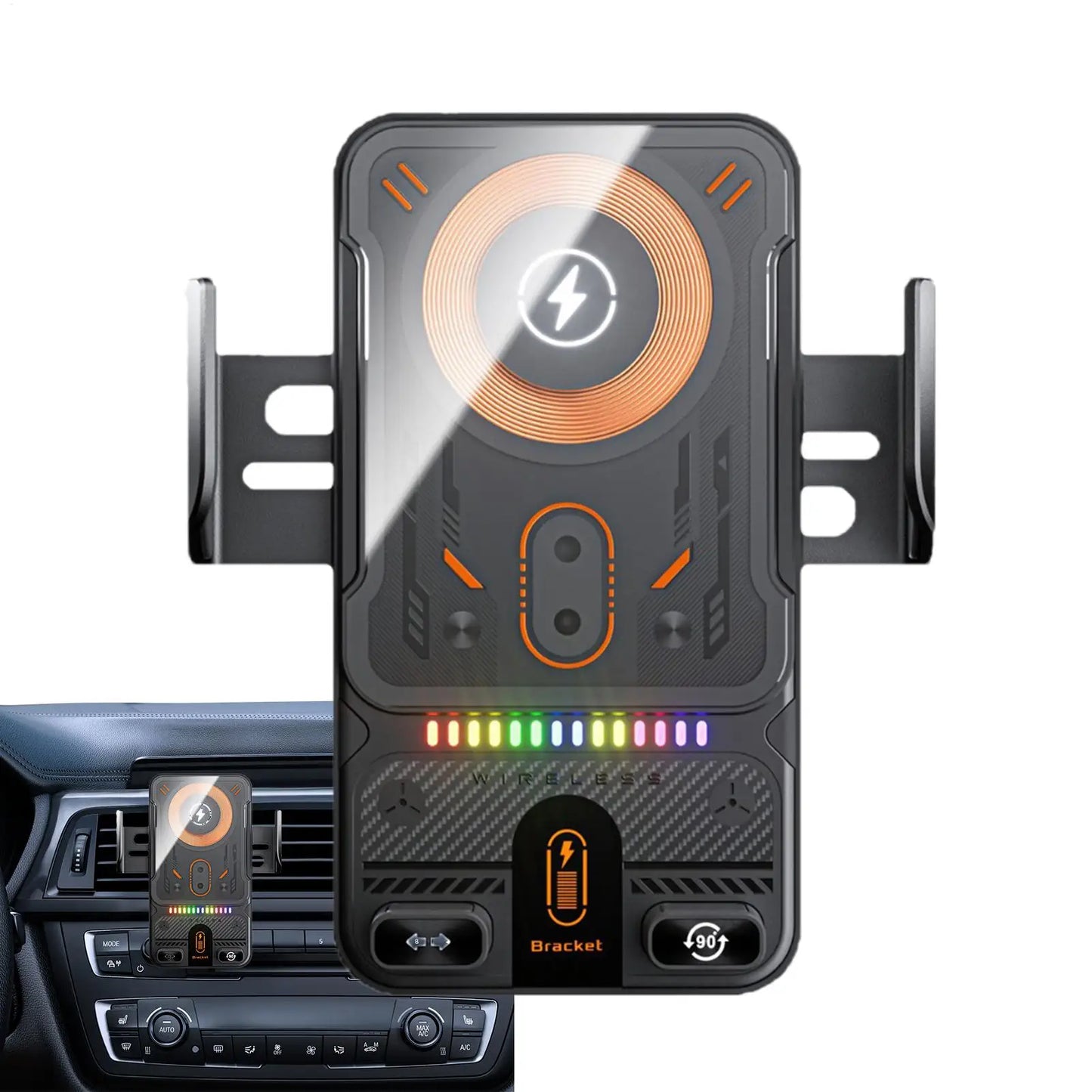 Car Holder With Dualed Motor Electric Rotating Opening Closing Mobile Phone Holder Wireless Fast Charging Phone Bracket