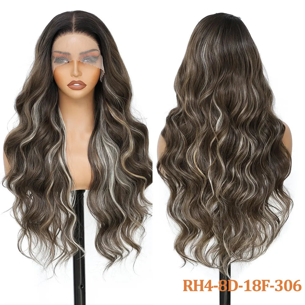 30 Inches 13x4 Body Wave Lace Front Wig Synthetic Loose Deep Wave Highlight 300 Grams Baby Hair Lace Frontal Wig For Women