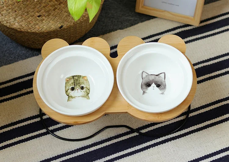 Ceramic Cat Bowl Cat Food Feeder Dog Bowls Drinking Water Bowl Cervical Protection Pet Supplies Ceramic Double Cat Bowls
