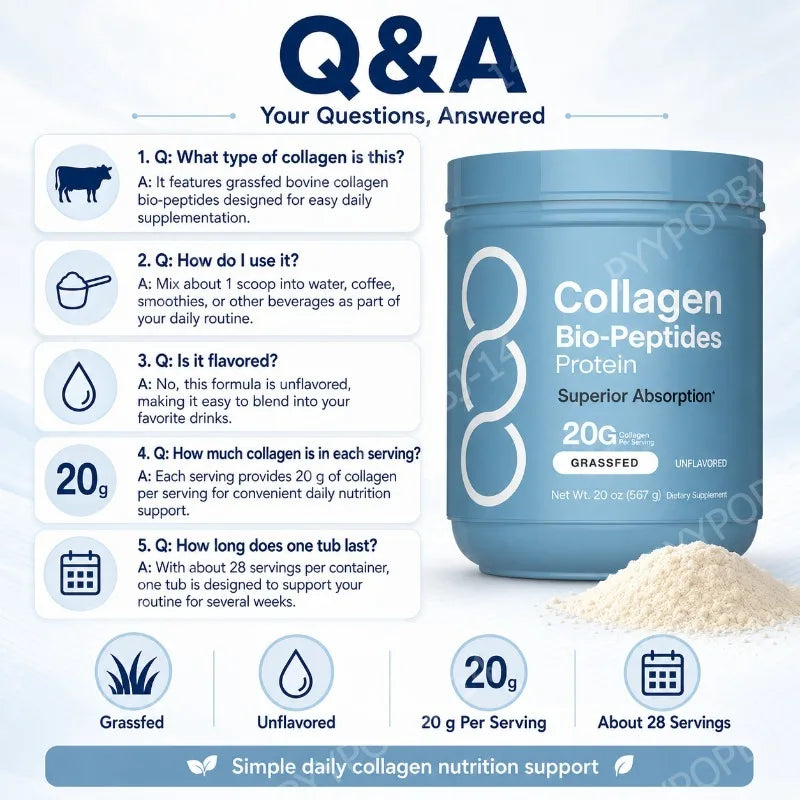 Collagen Peptides Powder 20g Per Serving, 18g Protein, Grass-Fed Bovine, Unflavored Daily Beauty Active Lifestyle Support, 567g