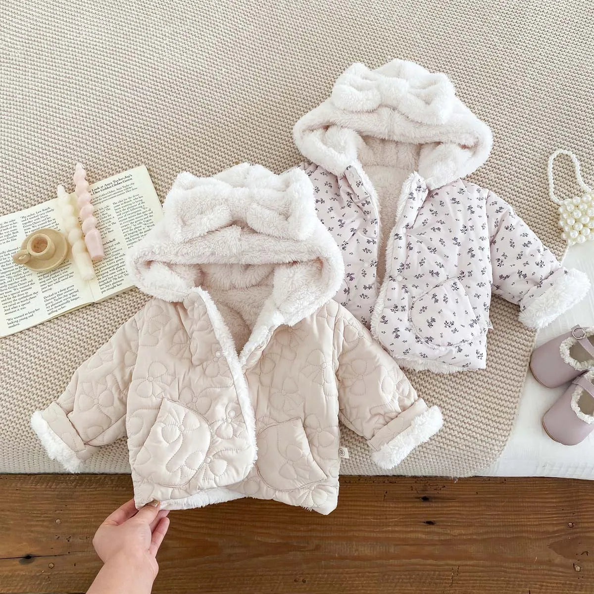 Baby fleece-lined Winter Men's and Women's Baby Clothes Bowknot Hooded Korean-style Newborn Warm Cotton-padded Jacket