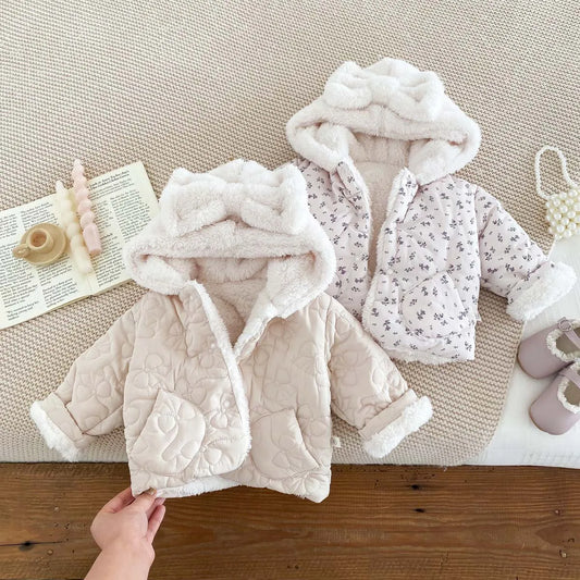 Baby fleece-lined Winter Men's and Women's Baby Clothes Bowknot Hooded Korean-style Newborn Warm Cotton-padded Jacket