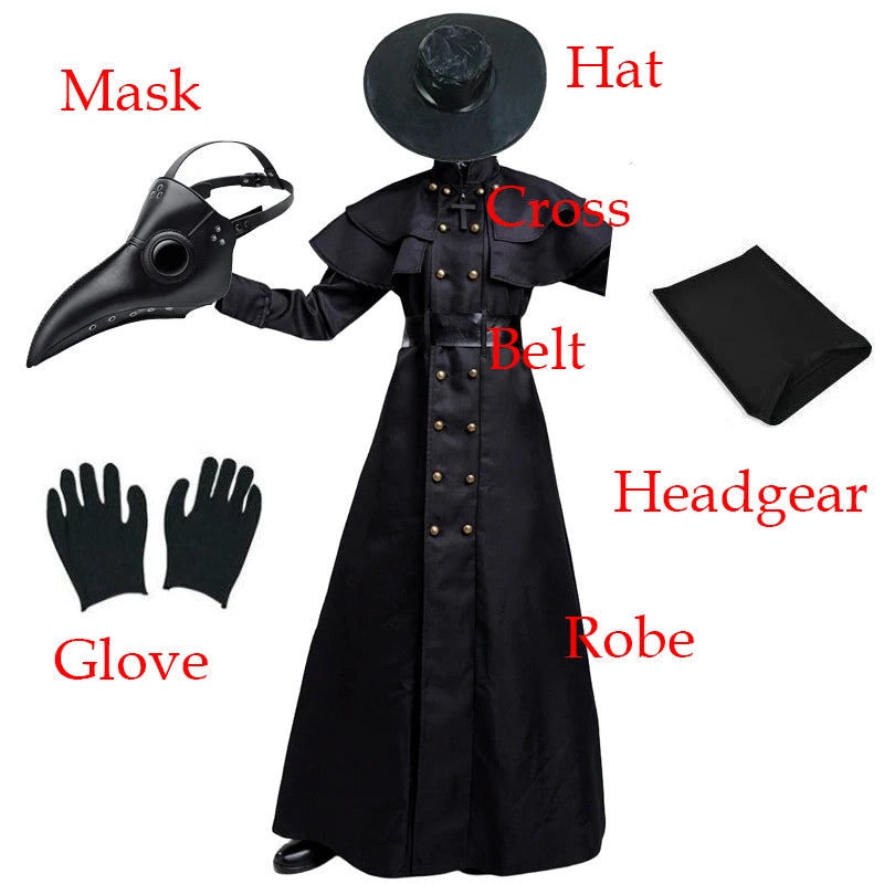 Halloween Plague Doctor Cosplay Hooded Robe Medieval Steampunk Priest Horror Wizard Cloak Cape With Long Nose Beak Leather Masks