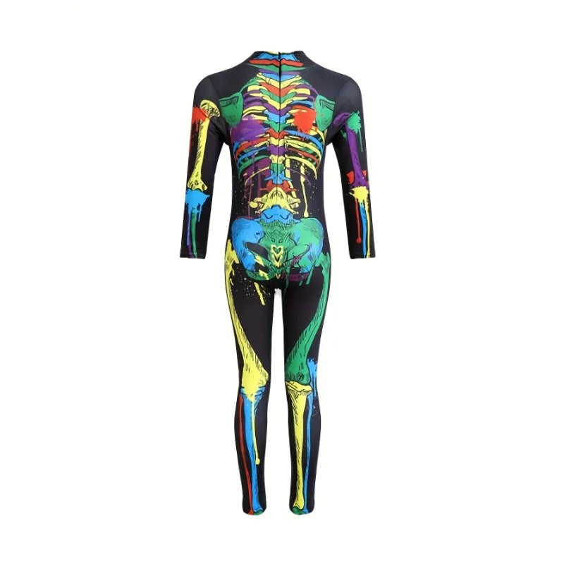 Halloween Party Theme Dress Up Costumes, Girls Long Sleeve Stretchy Fitted Full Color Skull Pattern Printed Women's Jumpsuit
