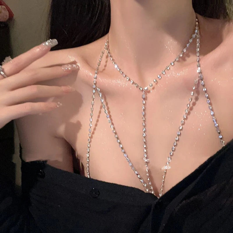 Sexy Rhinestone Round Beads Waist Chain Beach Bra Bikini Chest Chain Zircon Tassel Women Body Chain Jewelry Accessories