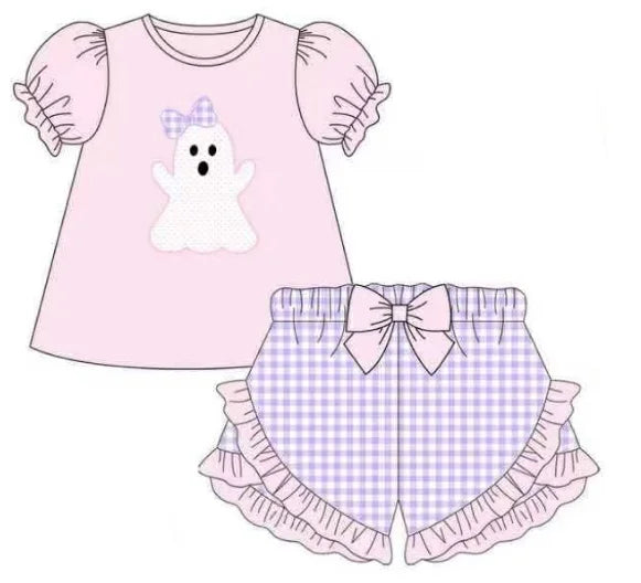 Halloween New Cartoon Print Girls' Pink Short-Sleeve Top and Purple Plaid Shorts Boys' Blue Series Boutique Set and Romper