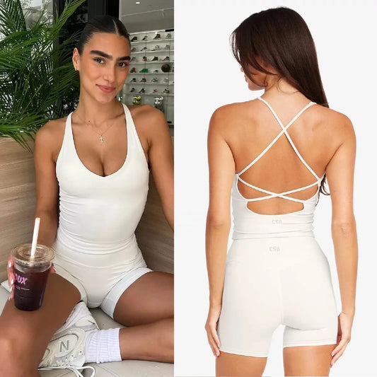 CSB Women Strappy Cross Back Cutout Tank Top High Waist Biker Shorts Yoga Leggings Gym Fitness Workout Separates Sportswear